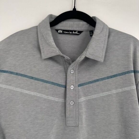 Travis Mathew Golf Shirt Mens Large Gray Blue Striped Polo Short Sleeve Casual - Picture 6 of 13